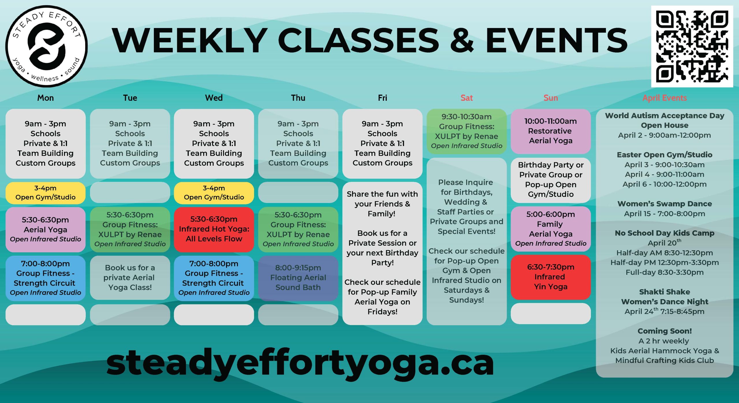 Weekly April schedule at Steady Effort Yoga • Wellness • Sound