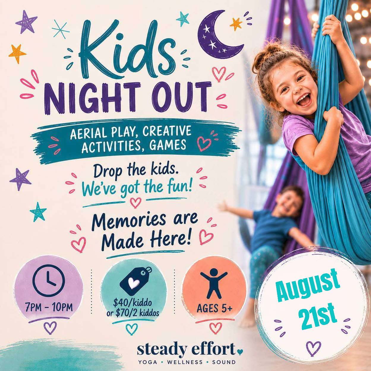 Kids Night Out in Penticton. Date night for parents in Penticton at Steady Effort Yoga • Wellness • Sound.